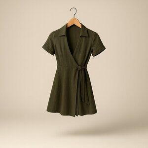 BECCA Playa Textured Collared Wrap Shirtdress Cover-Up Size Small Cactus Green
